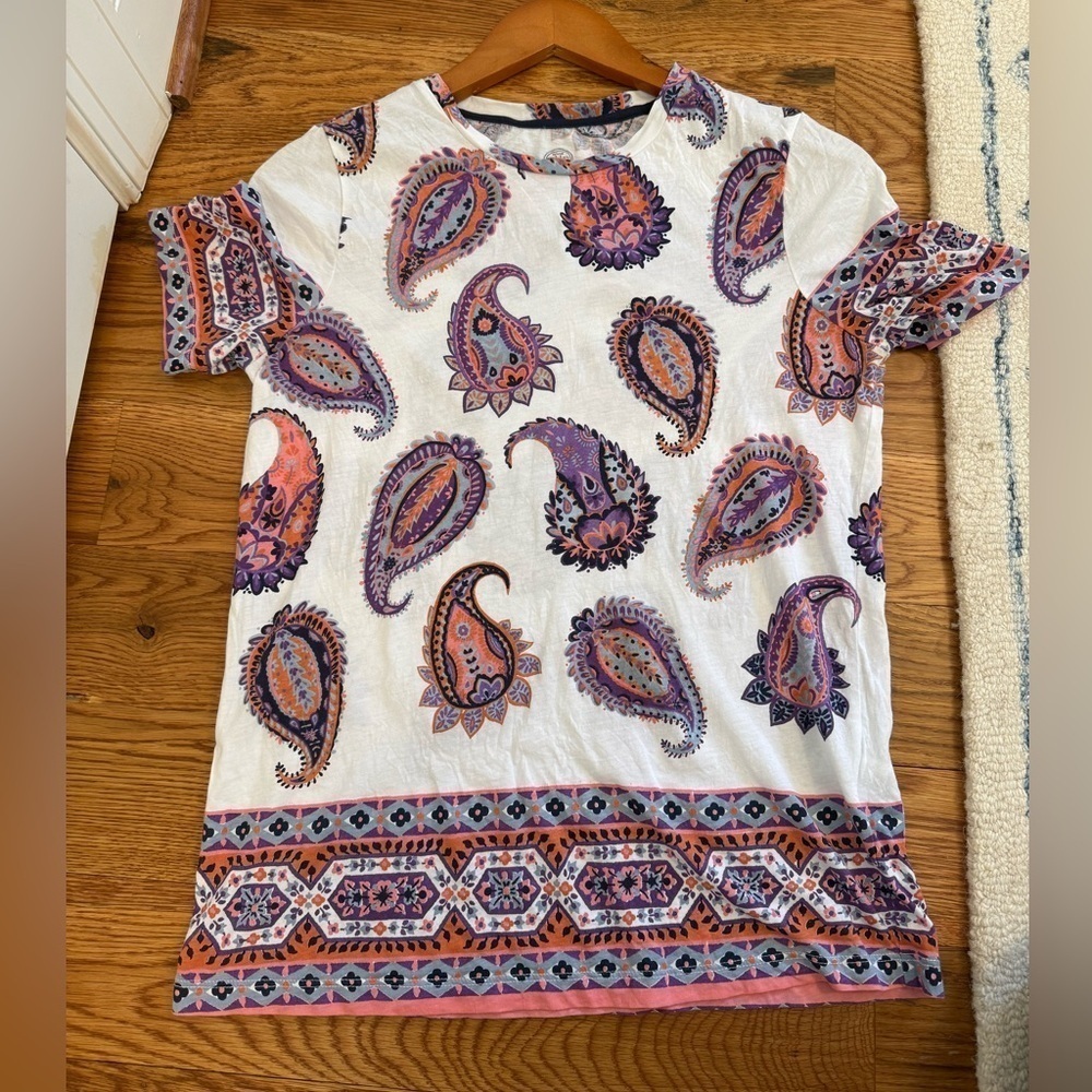 Tory Burch Dapper Paisley Print T-Shirt White Size S Short Sleeve Pima Cotton